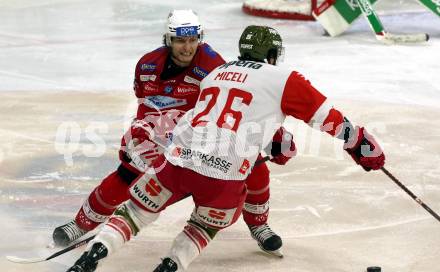 EBEL. Eishockey Bundesliga. EC KAC gegen HCB Suedtirol Alperia.   David Maier,   (KAC),    Angelo Miceli (Bozen). Klagenfurt, am 17.2.2023.
Foto: Kuess
www.qspictures.net
---
pressefotos, pressefotografie, kuess, qs, qspictures, sport, bild, bilder, bilddatenbank