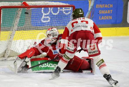 EBEL. Eishockey Bundesliga. EC KAC gegen HCB Suedtirol Alperia.   Sebastian Dahm,   (KAC),    Mitchell Hults (Bozen). Klagenfurt, am 17.2.2023.
Foto: Kuess
www.qspictures.net
---
pressefotos, pressefotografie, kuess, qs, qspictures, sport, bild, bilder, bilddatenbank