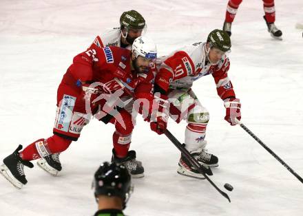 EBEL. Eishockey Bundesliga. EC KAC gegen HCB Suedtirol Alperia.   Steven Strong,   (KAC),    Dustin Gazley (Bozen). Klagenfurt, am 17.2.2023.
Foto: Kuess
www.qspictures.net
---
pressefotos, pressefotografie, kuess, qs, qspictures, sport, bild, bilder, bilddatenbank