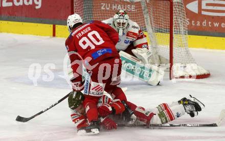 EBEL. Eishockey Bundesliga. EC KAC gegen HCB Suedtirol Alperia.  Matt Fraser,  (KAC),    Cole Hults  (Bozen). Klagenfurt, am 17.2.2023.
Foto: Kuess
www.qspictures.net
---
pressefotos, pressefotografie, kuess, qs, qspictures, sport, bild, bilder, bilddatenbank