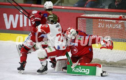 EBEL. Eishockey Bundesliga. EC KAC gegen HCB Suedtirol Alperia.  Sebastian Dahm, Steven Strong,  (KAC),   Angelo Miceli   (Bozen). Klagenfurt, am 17.2.2023.
Foto: Kuess
www.qspictures.net
---
pressefotos, pressefotografie, kuess, qs, qspictures, sport, bild, bilder, bilddatenbank