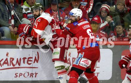 EBEL. Eishockey Bundesliga. EC KAC gegen HCB Suedtirol Alperia.  Lucas Lessio,   (KAC),    Scott Valentine  (Bozen). Klagenfurt, am 17.2.2023.
Foto: Kuess
www.qspictures.net
---
pressefotos, pressefotografie, kuess, qs, qspictures, sport, bild, bilder, bilddatenbank