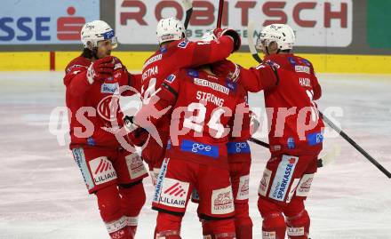 EBEL. Eishockey Bundesliga. EC KAC gegen HCB Suedtirol Alperia   Torjubel Paul Postma, Steven Strong, Rok Ticar, Manuel Ganahl, Lukas Haudum  (KAC). Klagenfurt, am 17.2.2023.
Foto: Kuess
www.qspictures.net
---
pressefotos, pressefotografie, kuess, qs, qspictures, sport, bild, bilder, bilddatenbank