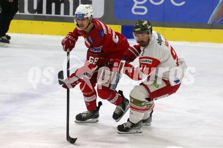 EBEL. Eishockey Bundesliga. EC KAC gegen HCB Suedtirol Alperia.  Luka Gomboc,  (KAC),    Mike Halmo   (Bozen). Klagenfurt, am 17.2.2023.
Foto: Kuess
www.qspictures.net
---
pressefotos, pressefotografie, kuess, qs, qspictures, sport, bild, bilder, bilddatenbank