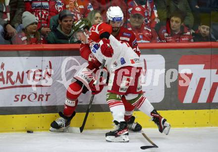 EBEL. Eishockey Bundesliga. EC KAC gegen HCB Suedtirol Alperia.  Steven STrong,    (KAC),    Dustin Gazley (Bozen). Klagenfurt, am 17.2.2023.
Foto: Kuess
www.qspictures.net
---
pressefotos, pressefotografie, kuess, qs, qspictures, sport, bild, bilder, bilddatenbank