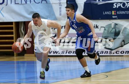 Basketball 2. Liga 2022/2023. Grunddurchgang 17. Runde.  KOS Celovec gegen Kufstein Towers. Grega Sajevic (KOS), Marko Panic  (Kufstein). Klagenfurt, am 18.2.2023.
Foto: Kuess
www.qspictures.net
---
pressefotos, pressefotografie, kuess, qs, qspictures, sport, bild, bilder, bilddatenbank