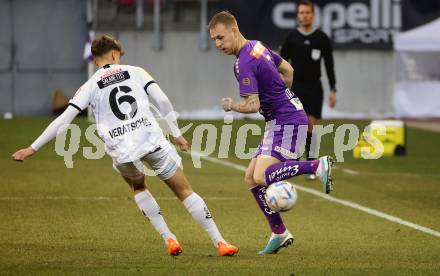 Fussball Bundesliga. SK Austria Klagenfurt gegen RZ Pellets WAC.  Florian Jaritz,  (Klagenfurt),   Nikola Konrad Veratschnig (WAC). Klagenfurt, am 18.2.2023.
Foto: Kuess
---
pressefotos, pressefotografie, kuess, qs, qspictures, sport, bild, bilder, bilddatenbank