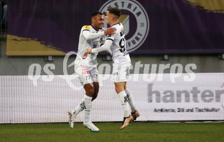 Fussball Bundesliga. SK Austria Klagenfurt gegen RZ Pellets WAC. Torjubel Maurice Maximilian Malone, Adis Jasic  (WAC). Klagenfurt, am 18.2.2023.
Foto: Kuess
---
pressefotos, pressefotografie, kuess, qs, qspictures, sport, bild, bilder, bilddatenbank