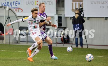 Fussball Bundesliga. SK Austria Klagenfurt gegen RZ Pellets WAC. Florian Jaritz,   (Klagenfurt),   Nikola Konrad Veratschnig (WAC). Klagenfurt, am 18.2.2023.
Foto: Kuess
---
pressefotos, pressefotografie, kuess, qs, qspictures, sport, bild, bilder, bilddatenbank