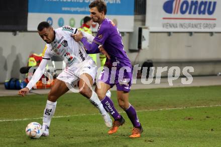 Fussball Bundesliga. SK Austria Klagenfurt gegen RZ Pellets WAC.  Thorsten Mahrer,  (Klagenfurt), Maurice Maximilian Malone   (WAC). Klagenfurt, am 18.2.2023.
Foto: Kuess
---
pressefotos, pressefotografie, kuess, qs, qspictures, sport, bild, bilder, bilddatenbank