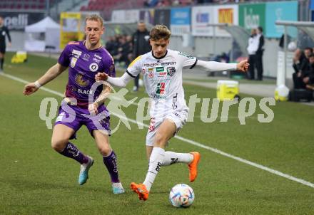 Fussball Bundesliga. SK Austria Klagenfurt gegen RZ Pellets WAC.  Florian Jaritz,  (Klagenfurt),  Nikola Konrad Veratschnig  (WAC). Klagenfurt, am 18.2.2023.
Foto: Kuess
---
pressefotos, pressefotografie, kuess, qs, qspictures, sport, bild, bilder, bilddatenbank