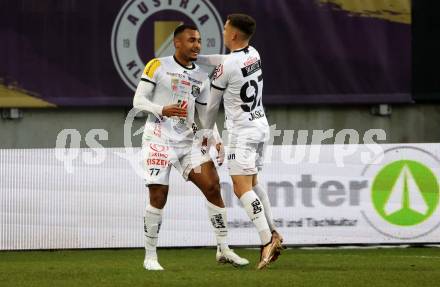 Fussball Bundesliga. SK Austria Klagenfurt gegen RZ Pellets WAC. Torjubel Maurice Maximilian Malone, Adis Jasic (WAC). Klagenfurt, am 18.2.2023.
Foto: Kuess
---
pressefotos, pressefotografie, kuess, qs, qspictures, sport, bild, bilder, bilddatenbank