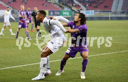 Fussball Bundesliga. SK Austria Klagenfurt gegen RZ Pellets WAC.  Maximiliano Moreira Romero, (Klagenfurt),  Maurice Maximilian Malone   (WAC). Klagenfurt, am 18.2.2023.
Foto: Kuess
---
pressefotos, pressefotografie, kuess, qs, qspictures, sport, bild, bilder, bilddatenbank