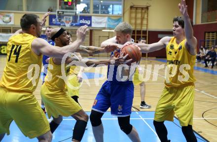 Basketball 2. Liga 2022/2023. Grunddurchgang 17. Runde. Woerthersee Piraten gegen BBU Salzburg.  Maximilian Kunovjanek, Shawn L. Ray, Nick Cevizovic (Piraten),  Asdren Drew Koka (Salzburg). Klagenfurt, am 19.2.2023.
Foto: Kuess
www.qspictures.net
---
pressefotos, pressefotografie, kuess, qs, qspictures, sport, bild, bilder, bilddatenbank