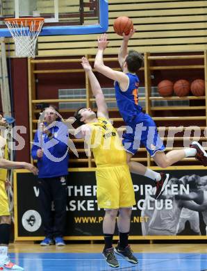 Basketball 2. Liga 2022/2023. Grunddurchgang 17. Runde. Woerthersee Piraten gegen BBU Salzburg.  Andreas Nuck  (Piraten),  Robert Becker (Salzburg). Klagenfurt, am 19.2.2023.
Foto: Kuess
www.qspictures.net
---
pressefotos, pressefotografie, kuess, qs, qspictures, sport, bild, bilder, bilddatenbank