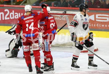 EBEL. Eishockey Bundesliga. EC KAC gegen BEMER Pioneers Vorarlberg.  Torjubel Paul Postma, Nikolaus Kraus   (KAC).  Klagenfurt, am 21.2.2023.
Foto: Kuess
www.qspictures.net
---
pressefotos, pressefotografie, kuess, qs, qspictures, sport, bild, bilder, bilddatenbank