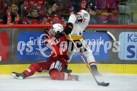 EBEL. Eishockey Bundesliga. EC KAC gegen BEMER Pioneers Vorarlberg.   Oliver Lam,   (KAC),   Alexander Pallestrang (Vorarlberg). Klagenfurt, am 21.2.2023.
Foto: Kuess
www.qspictures.net
---
pressefotos, pressefotografie, kuess, qs, qspictures, sport, bild, bilder, bilddatenbank