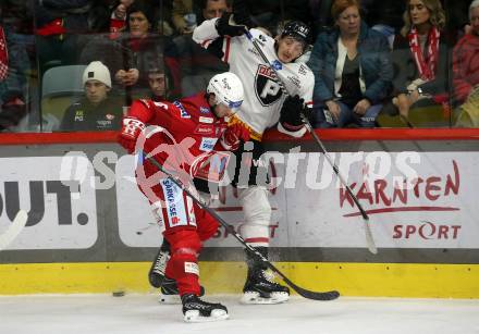 EBEL. Eishockey Bundesliga. EC KAC gegen BEMER Pioneers Vorarlberg.    Simeon Schwinger, (KAC),  Luka Maver   (Vorarlberg). Klagenfurt, am 21.2.2023.
Foto: Kuess
www.qspictures.net
---
pressefotos, pressefotografie, kuess, qs, qspictures, sport, bild, bilder, bilddatenbank