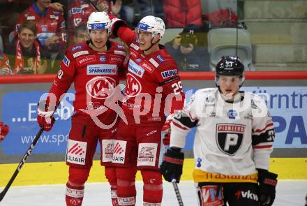 EBEL. Eishockey Bundesliga. EC KAC gegen BEMER Pioneers Vorarlberg.  Torjubel Matthew Fraser, Mike Zalewski   (KAC).  Klagenfurt, am 21.2.2023.
Foto: Kuess
www.qspictures.net
---
pressefotos, pressefotografie, kuess, qs, qspictures, sport, bild, bilder, bilddatenbank