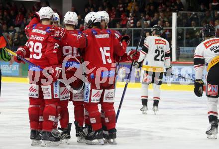 EBEL. Eishockey Bundesliga. EC KAC gegen BEMER Pioneers Vorarlberg.    Torjubel Mike Zalewski, Nikolaus Kraus, Oliver Lam (KAC).  Klagenfurt, am 21.2.2023.
Foto: Kuess
www.qspictures.net
---
pressefotos, pressefotografie, kuess, qs, qspictures, sport, bild, bilder, bilddatenbank