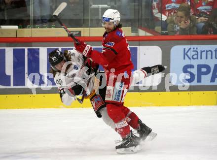 EBEL. Eishockey Bundesliga. EC KAC gegen BEMER Pioneers Vorarlberg.   Manuel Ganahl,   (KAC),  Julian Metzler  (Vorarlberg). Klagenfurt, am 21.2.2023.
Foto: Kuess
www.qspictures.net
---
pressefotos, pressefotografie, kuess, qs, qspictures, sport, bild, bilder, bilddatenbank