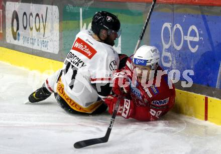 EBEL. Eishockey Bundesliga. EC KAC gegen BEMER Pioneers Vorarlberg.   Matthew Fraser,  (KAC),   Ivan Korecky  (Vorarlberg). Klagenfurt, am 21.2.2023.
Foto: Kuess
www.qspictures.net
---
pressefotos, pressefotografie, kuess, qs, qspictures, sport, bild, bilder, bilddatenbank