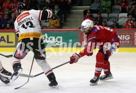 EBEL. Eishockey Bundesliga. EC KAC gegen BEMER Pioneers Vorarlberg.  Lucas Lessio,   (KAC),    Steven Birnstill (Vorarlberg). Klagenfurt, am 21.2.2023.
Foto: Kuess
www.qspictures.net
---
pressefotos, pressefotografie, kuess, qs, qspictures, sport, bild, bilder, bilddatenbank