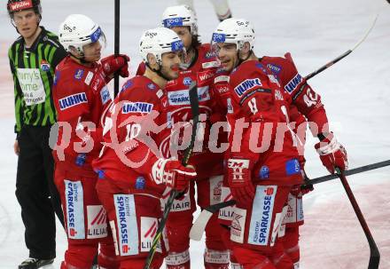 EBEL. Eishockey Bundesliga. EC KAC gegen BEMER Pioneers Vorarlberg.   Torjubel Kele Steffler, Thomas Vallant, Lukas Haudum, Rok Ticar, Manuel Ganahl  (KAC).  Klagenfurt, am 21.2.2023.
Foto: Kuess
www.qspictures.net
---
pressefotos, pressefotografie, kuess, qs, qspictures, sport, bild, bilder, bilddatenbank