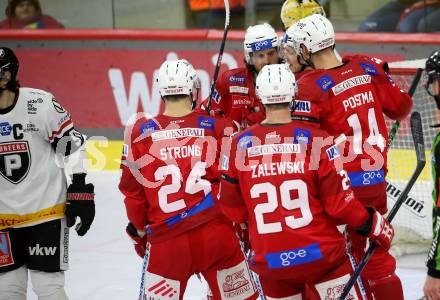 EBEL. Eishockey Bundesliga. EC KAC gegen BEMER Pioneers Vorarlberg.  Torjubel Paul Postma, Nikolaus Kraus, Manuel Ganahl, Steven Strong, Mike Zalewski   (KAC).  Klagenfurt, am 21.2.2023.
Foto: Kuess
www.qspictures.net
---
pressefotos, pressefotografie, kuess, qs, qspictures, sport, bild, bilder, bilddatenbank