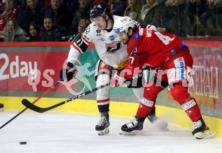 EBEL. Eishockey Bundesliga. EC KAC gegen BEMER Pioneers Vorarlberg.   Marcel Witting,   (KAC),   Yannik Lebeda (Vorarlberg). Klagenfurt, am 21.2.2023.
Foto: Kuess
www.qspictures.net
---
pressefotos, pressefotografie, kuess, qs, qspictures, sport, bild, bilder, bilddatenbank