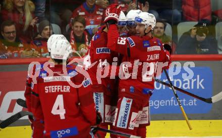 EBEL. Eishockey Bundesliga. EC KAC gegen BEMER Pioneers Vorarlberg.   Torjubel Matthew Fraser, Mike Zalewski, Paul Postma, Kele Steffler  (KAC).  Klagenfurt, am 21.2.2023.
Foto: Kuess
www.qspictures.net
---
pressefotos, pressefotografie, kuess, qs, qspictures, sport, bild, bilder, bilddatenbank