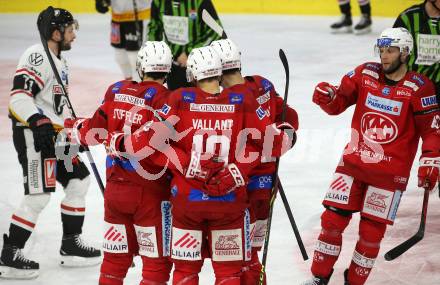 EBEL. Eishockey Bundesliga. EC KAC gegen BEMER Pioneers Vorarlberg.   Torjubel Kele Steffler, Thomas Vallant, Lukas Haudum, Rok Ticar  (KAC).  Klagenfurt, am 21.2.2023.
Foto: Kuess
www.qspictures.net
---
pressefotos, pressefotografie, kuess, qs, qspictures, sport, bild, bilder, bilddatenbank