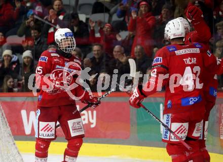 EBEL. Eishockey Bundesliga. EC KAC gegen BEMER Pioneers Vorarlberg.   Torjubel Oliver Lam, Rok Ticar  (KAC).  Klagenfurt, am 21.2.2023.
Foto: Kuess
www.qspictures.net
---
pressefotos, pressefotografie, kuess, qs, qspictures, sport, bild, bilder, bilddatenbank