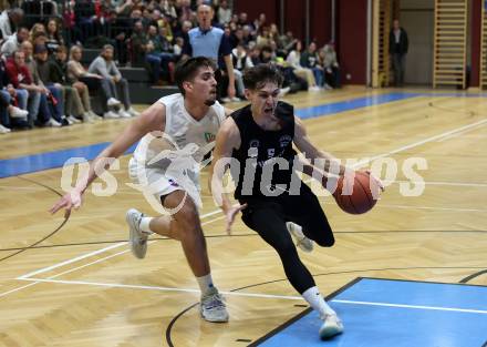 Basketball 2. Liga 2022/2023. Grunddurchgang 18. Runde.  KOS Celovec gegen Woerthersee Piraten.  Stefan Blazevic (KOS), Felix Leindecker  (Piraten). Klagenfurt, am 25.2.2023.
Foto: Kuess
www.qspictures.net
---
pressefotos, pressefotografie, kuess, qs, qspictures, sport, bild, bilder, bilddatenbank