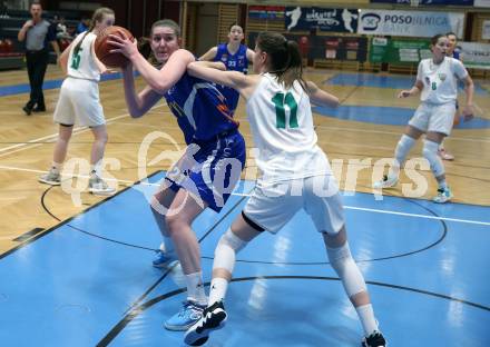 Basketball Damen Superliga. Grunddurchgang 14. Runde. KOS Celovec Damen gegen DBB LZ OOE.  Lana Santelj (KOS),  Lara Mendl (OOE). Klagenfurt, 25.2.2023.
Foto: Kuess
---
pressefotos, pressefotografie, kuess, qs, qspictures, sport, bild, bilder, bilddatenbank