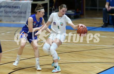 Basketball Damen Superliga. Grunddurchgang 14. Runde. KOS Celovec Damen gegen DBB LZ OOE. Antonia Ronacher  (KOS), Valentina Mayrhofer  (OOE). Klagenfurt, 25.2.2023.
Foto: Kuess
---
pressefotos, pressefotografie, kuess, qs, qspictures, sport, bild, bilder, bilddatenbank