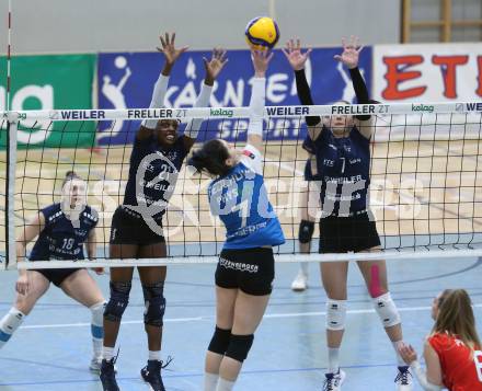 Volleyball. Austrian Volley League Women. ATSC Kelag Wildcats Klagenfurt gegen TI-ROWA-Moser-volley Tirol. Ehize Omoghibo, Nikolina Bajic   (Klagenfurt).  Klagenfurt, 4.3.2023
Foto: Kuess


---
pressefotos, pressefotografie, kuess, qs, qspictures, sport, bild, bilder, bilddatenbank