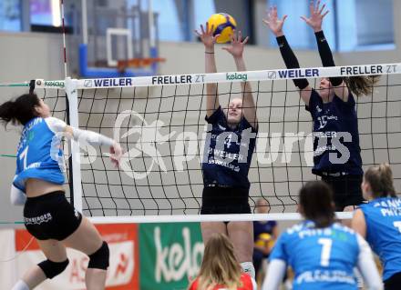 Volleyball. Austrian Volley League Women. ATSC Kelag Wildcats Klagenfurt gegen TI-ROWA-Moser-volley Tirol.  Jana Zierler, Anja Zorman  (Klagenfurt).  Klagenfurt, 4.3.2023
Foto: Kuess


---
pressefotos, pressefotografie, kuess, qs, qspictures, sport, bild, bilder, bilddatenbank