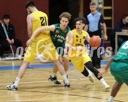 Basketball 2. Liga 2022/2023. Grunddurchgang 19. Runde. Woerthersee Piraten gegen Dornbirn Lions.  Felix Leindecker  (Piraten),  Felix Erath (Dornbirn). Klagenfurt, am 3.4.2023.
Foto: Kuess
www.qspictures.net
---
pressefotos, pressefotografie, kuess, qs, qspictures, sport, bild, bilder, bilddatenbank