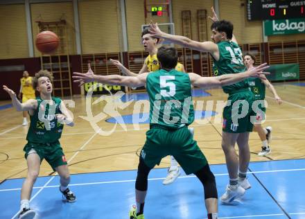 Basketball 2. Liga 2022/2023. Grunddurchgang 19. Runde. Woerthersee Piraten gegen Dornbirn Lions.  Felix Leindecker  (Piraten),  Felix Erath, Filip Kamenov, Jaksa Sola (Dornbirn). Klagenfurt, am 3.4.2023.
Foto: Kuess
www.qspictures.net
---
pressefotos, pressefotografie, kuess, qs, qspictures, sport, bild, bilder, bilddatenbank