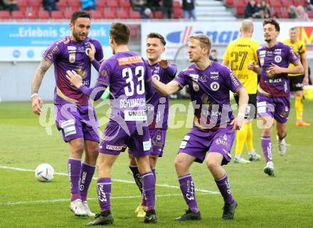 Fussball Bundesliga. SK Austria Klagenfurt gegen Cashpoint SCR Altach. Torjubel Markus Pink, Till Schumacher, Florian Rieder, Christopher Cvetko (Klagenfurt). Klagenfurt, am 5.3.2023.
Foto: Kuess
---
pressefotos, pressefotografie, kuess, qs, qspictures, sport, bild, bilder, bilddatenbank