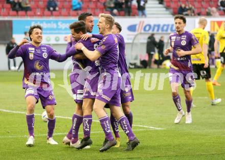 Fussball Bundesliga. SK Austria Klagenfurt gegen Cashpoint SCR Altach. Torjubel Markus Pink, Simon Straudi, Till Schumacher, Florian Rieder, Christopher Cvetko (Klagenfurt). Klagenfurt, am 5.3.2023.
Foto: Kuess
---
pressefotos, pressefotografie, kuess, qs, qspictures, sport, bild, bilder, bilddatenbank