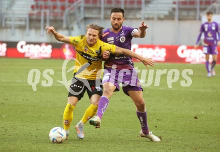 Fussball Bundesliga. SK Austria Klagenfurt gegen Cashpoint SCR Altach. Markus Pink (Klagenfurt),  Felix Strauss (Altach). Klagenfurt, am 5.3.2023.
Foto: Kuess
---
pressefotos, pressefotografie, kuess, qs, qspictures, sport, bild, bilder, bilddatenbank