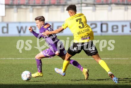 Fussball Bundesliga. SK Austria Klagenfurt gegen Cashpoint SCR Altach. Florian Rieder (Klagenfurt), Simon Nosa Salami Nelson (Altach). Klagenfurt, am 5.3.2023.
Foto: Kuess
---
pressefotos, pressefotografie, kuess, qs, qspictures, sport, bild, bilder, bilddatenbank