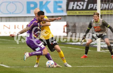 Fussball Bundesliga. SK Austria Klagenfurt gegen Cashpoint SCR Altach. Markus Pink (Klagenfurt),  Stefan Haudum (Altach). Klagenfurt, am 5.3.2023.
Foto: Kuess
---
pressefotos, pressefotografie, kuess, qs, qspictures, sport, bild, bilder, bilddatenbank