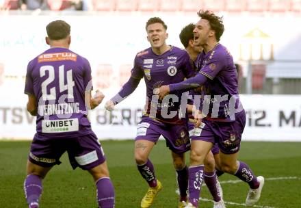 Fussball Bundesliga. SK Austria Klagenfurt gegen Cashpoint SCR Altach. Torjubel Florian Rieder, Simon Straudi, Christopher Wernitznig (Klagenfurt). Klagenfurt, am 5.3.2023.
Foto: Kuess
---
pressefotos, pressefotografie, kuess, qs, qspictures, sport, bild, bilder, bilddatenbank