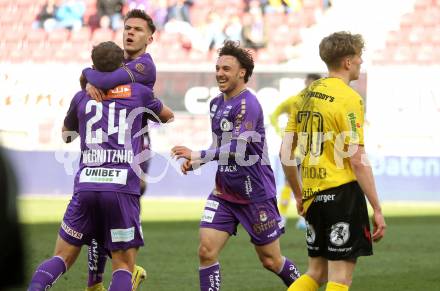 Fussball Bundesliga. SK Austria Klagenfurt gegen Cashpoint SCR Altach. Torjubel Florian Rieder, Simon Straudi, Christopher Wernitznig (Klagenfurt). Klagenfurt, am 5.3.2023.
Foto: Kuess
---
pressefotos, pressefotografie, kuess, qs, qspictures, sport, bild, bilder, bilddatenbank