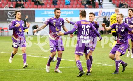 Fussball Bundesliga. SK Austria Klagenfurt gegen Cashpoint SCR Altach. Torjubel Markus Pink, Simon Straudi, Till Schumacher, Florian Rieder, Christopher Cvetko (Klagenfurt). Klagenfurt, am 5.3.2023.
Foto: Kuess
---
pressefotos, pressefotografie, kuess, qs, qspictures, sport, bild, bilder, bilddatenbank