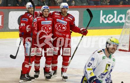 EBEL. Eishockey Bundesliga. EC KAC gegen VSV.   Torjubel Matthew Fraser, Nikolaus Kraus, Thomas Hundertpfund  (KAC). Klagenfurt, am 14.3.2023.
Foto: Kuess
www.qspictures.net
---
pressefotos, pressefotografie, kuess, qs, qspictures, sport, bild, bilder, bilddatenbank