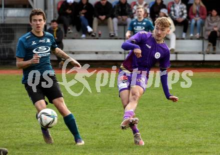 Fussball. Kaerntner Liga. Kraig gegen Austria Klagenfurt Amateure.   Maximilian Felsberger (Kraig),  Dennis Meschnik  (Klagenfurt). Treibach, 25.3.2023
Foto: Kuess


---
pressefotos, pressefotografie, kuess, qs, qspictures, sport, bild, bilder, bilddatenbank